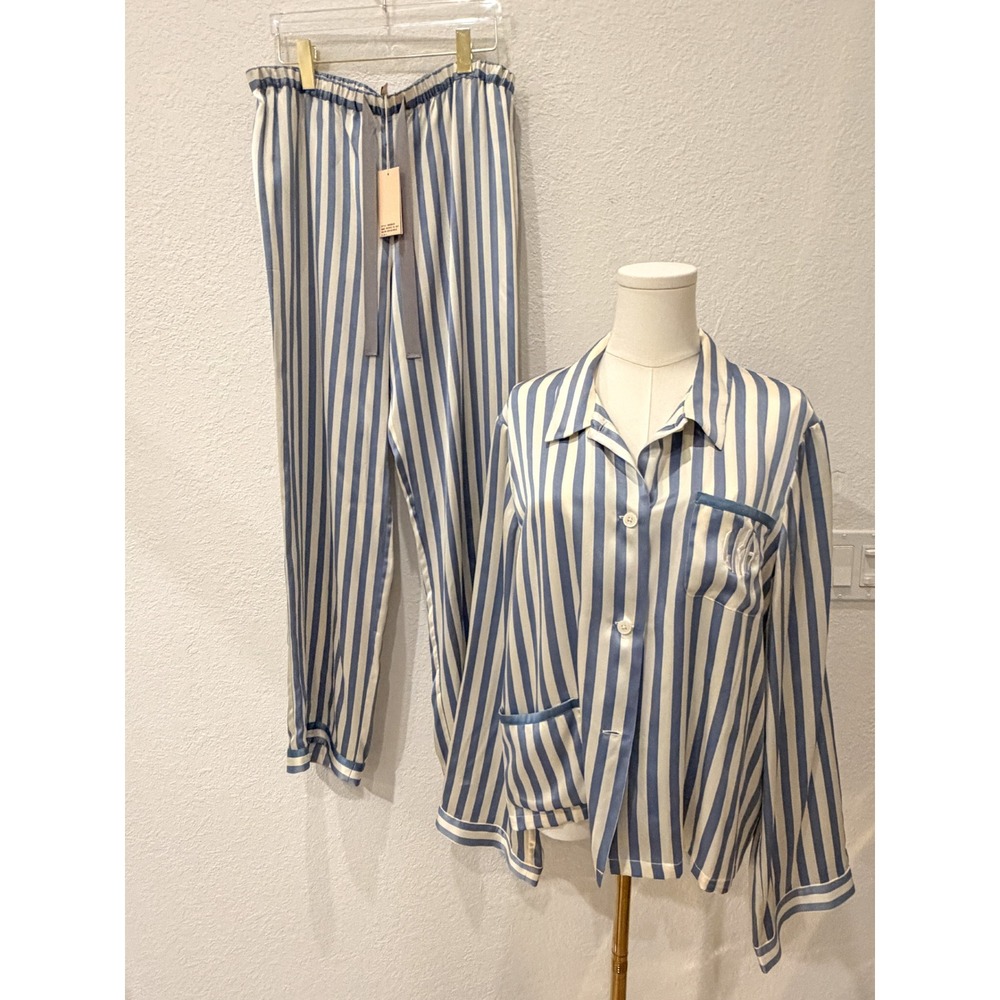 NWT Morgan Lane Ruthie 100% Silk Pajama Set Women's L Periwinkle Striped Luxury